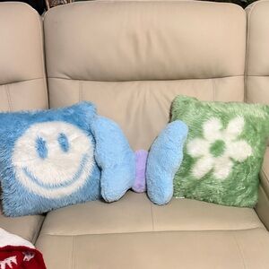 Set of 3 fluffy Blue and Green Pillows and butterfly pillow